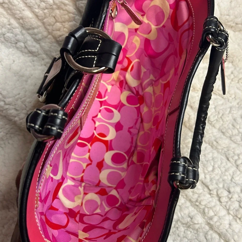 Coach Straw Tote Black Leather Pink Signature Lining RARE - Picture 5 of 10